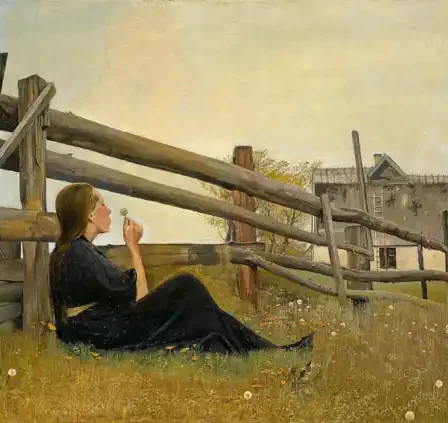 una ragazza siede in un prato, appoggiata a una staccionata, mentre sta per soffiare un soffione di un tarassaco.