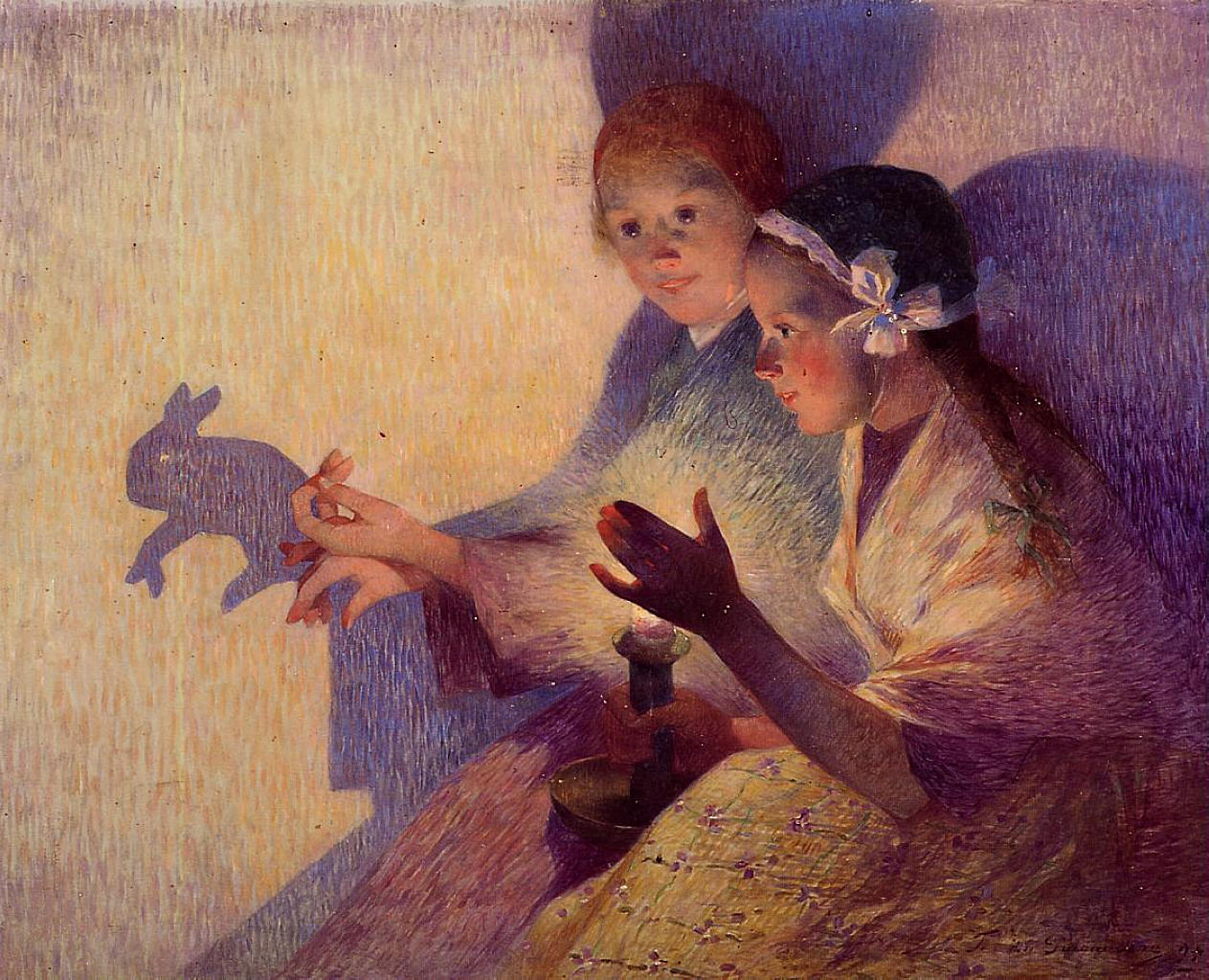 Alcune bambine giocano con le ombre cinesi facendo un coniglio, in uno splendido dipinto di Ferdinand du Puigaudeau