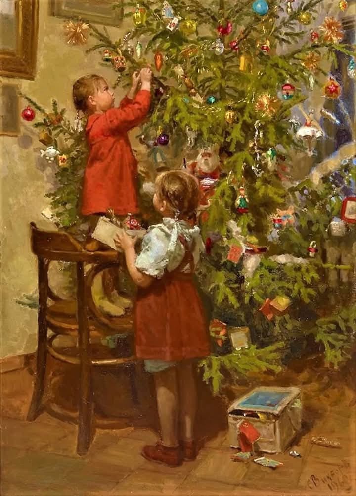 Due bambine sono raffigurate mentre decorano l'albero di natale. Una in piedi sulla sedia, l'altra che tiene le decorazioni.